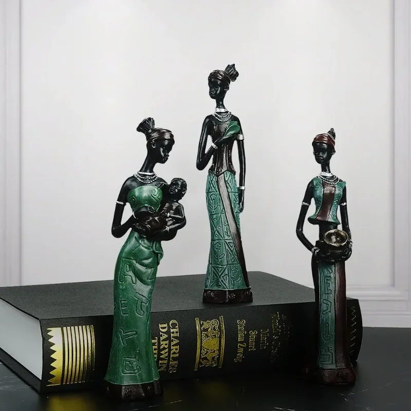 3pcs Set African Woman Figurines Resin Ornaments Black Figure Statues Exotic Home Office Decor Vintage Collectible Art Crafts - Image 3